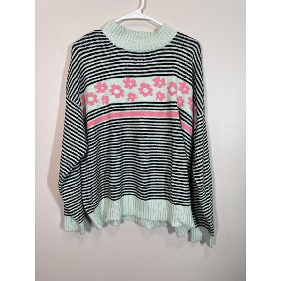 The Endery Women’s Oversized Striped Sweater Size XL/XXL Pink Floral Daisy Knit - Picture 1 of 7